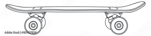 A side view of a skateboard with wheels in black and white outline vector style, suitable for sports and recreation designs