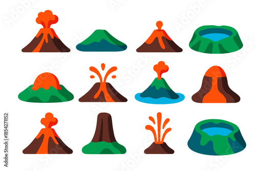 Volcano Icon Set. Flat vector icons of volcano types: stratovolcano, shield volcano, cinder cone, caldera, lava dome, fissure vent