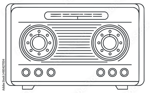 A vintage radio with dual speakers and dial controls in black and white outline vector style, perfect for retro-themed designs