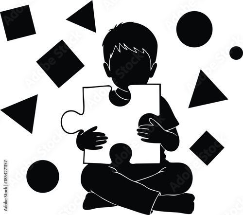 Flat design silhouette close up of child holding puzzle piece seated cross legged surrounded by geometric shapes high contrast black and white looking forward simple vector