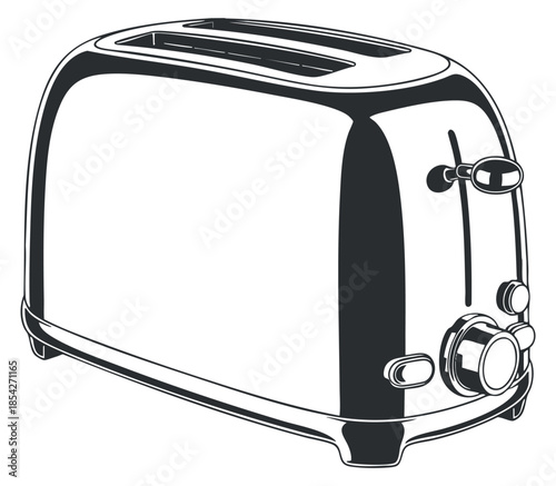 A detailed illustration of a toaster in sleek black and white outline vector style, ideal for kitchen design projects