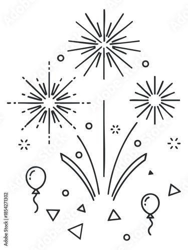 A collection of fireworks and balloons in a geometric outline vector style, perfect for festive event invitations and celebrations
