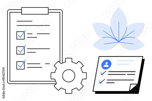 Clipboard with checklist, user profile document, gear icon, and abstract wellness leaf motif. Ideal for productivity, organization, self-care, mindfulness, personal development wellness