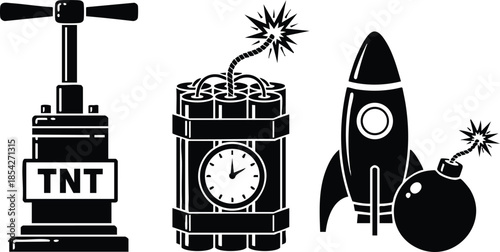 Flat design bold black silhouettes of classic plunger detonator dynamite timer rocket with fuse arranged in horizontal row front view isolated vector illustration set