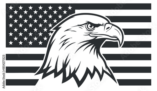 A bold eagle head silhouette against a distressed American flag in black and white vector style, perfect for patriotic designs