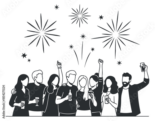 A group of friends celebrating with drinks and fireworks in black and white vector style, perfect for festive invitations and party themes