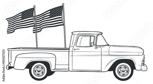 A classic pickup truck with two American flags in outline vector style, perfect for patriotic themes and designs
