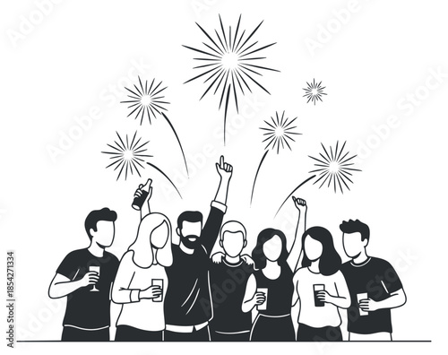 A group of friends celebrating with drinks and fireworks in black and white outline vector style, ideal for party and event themes