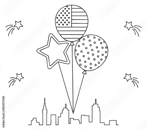 A collection of three balloons including a star, polka dot, and American flag design in black and white outline style, ideal for festive celebrations and event graphics