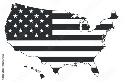 A silhouette of the United States map filled with the American flag in black and white vector style, ideal for educational and patriotic designs