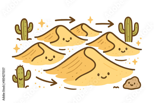 Playful Dune Migration. Cute doodle migrating dune fields with cheerful dunes sliding, cartoon arrows indicating movement, smiling