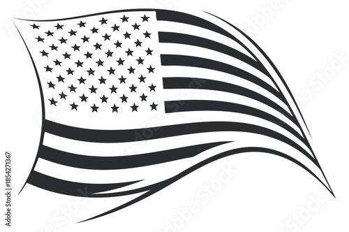 A waving American flag with stars and stripes in black and white outline vector style, ideal for patriotic designs and branding
