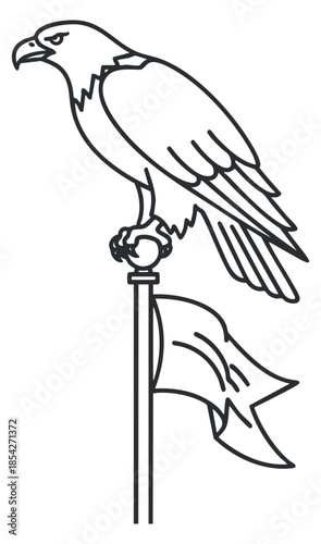 An eagle perched on a flagpole in minimalist outline vector style, suitable for logo design and branding