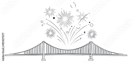 A bridge with fireworks in an outline vector style, ideal for event promotions and celebratory designs