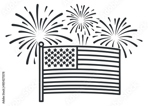 An American flag with stars and stripes surrounded by fireworks in black and white outline vector style, perfect for patriotic celebrations