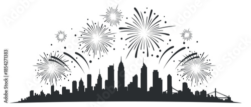 A city skyline with fireworks bursting in the night sky in black silhouette vector style, ideal for celebrations and events