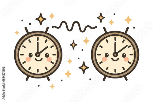 Happy Synchronization Clocks. Adorable doodle synchronized atomic clocks with happy faces, cartoon pulses flowing between them,