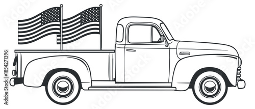 A vintage pickup truck with two waving American flags in black and white outline vector style, ideal for patriotic designs and events