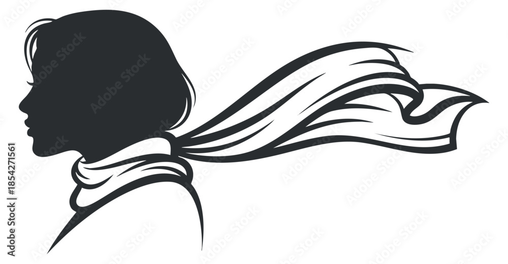 Obraz premium A silhouette of a woman with flowing hair and scarf in black and white vector style, suitable for fashion and lifestyle branding