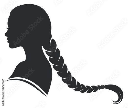 A silhouette of a woman with long braided hair in black vector style, ideal for beauty and fashion designs