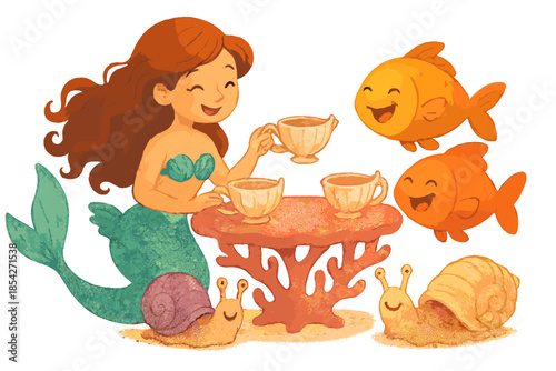 Mermaid Tea Party. Mermaid tea party with seashell cups, giggling fish guests, coral table, and smiling sea snails No text, No