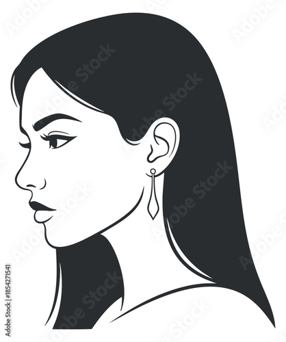 A profile illustration of a woman with long hair and an elegant earring in black and white minimalist vector style, suitable for beauty and fashion branding