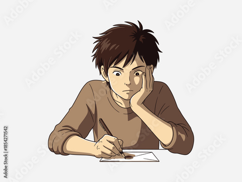 Young Man Writing with Pencil on Paper.