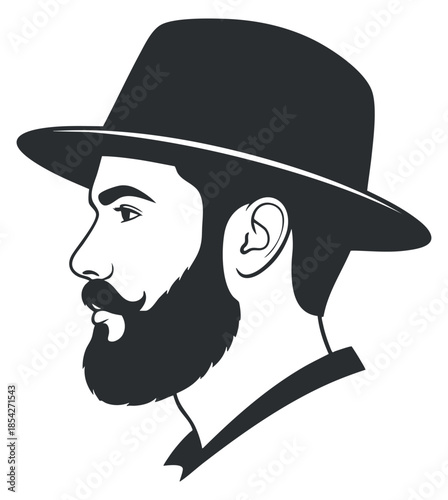 A profile silhouette of a bearded man wearing a hat in black and white minimalist vector style, suitable for fashion branding or barber shop logos