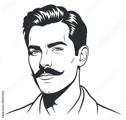 A stylish man with a mustache and elegant haircut in black and white vector illustration, suitable for vintage design projects