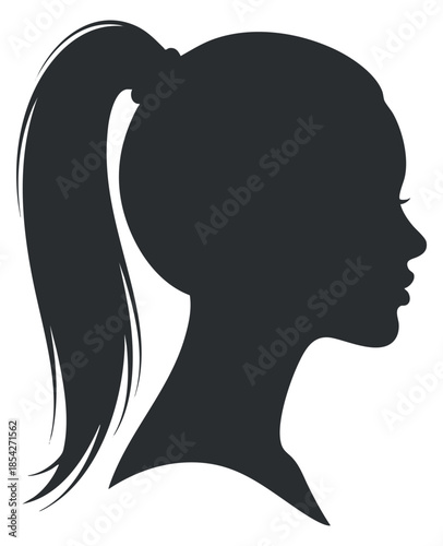 A silhouette of a woman's profile with long hair in a minimalist black vector style, suitable for beauty and fashion branding