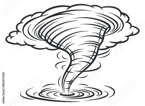 A tornado swirling down from a cloud in black and white outline vector style, ideal for weather-related designs