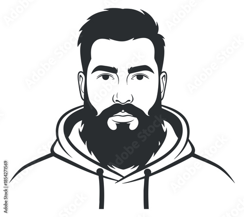 A portrait of a bearded man in a hoodie in modern vector style, suitable for character design and branding