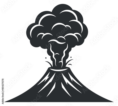 A volcanic eruption with smoke and ash in black and white vector style, ideal for educational and environmental graphics