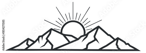 A minimalist line art illustration of mountains with a rising sun in black and white vector style, perfect for outdoor adventure themes
