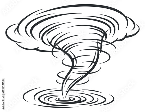 A tornado swirling with a funnel shape in black outline vector style, suitable for weather-related designs and educational materials
