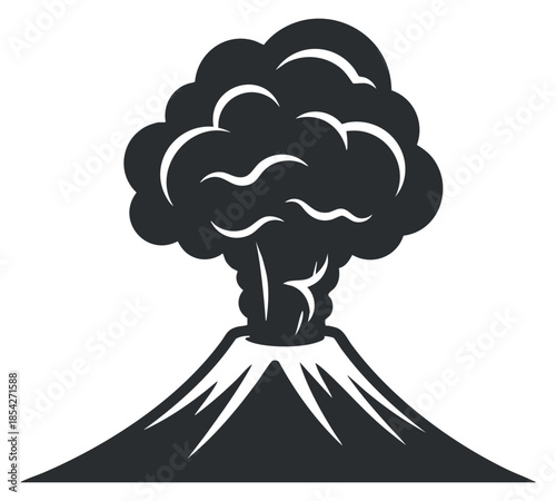 A volcanic eruption with smoke and ash in a bold black and white outline vector style, ideal for environmental and geological themes