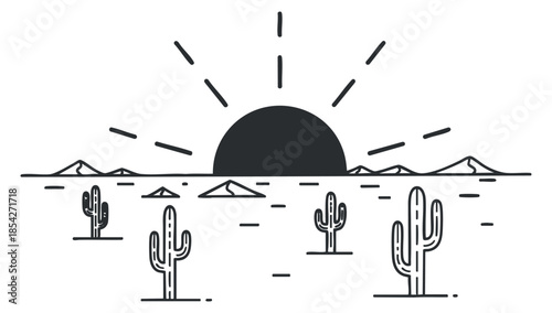 A minimalist vector illustration of a desert landscape with cacti and a setting sun, ideal for outdoor themes and travel design