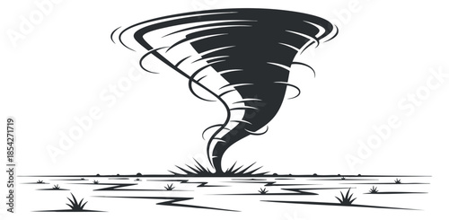 A stylized tornado in black and white vector illustration, depicting a swirling wind in a desolate landscape, suitable for weather-related themes and designs