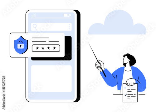 Smartphone with password entry form, security shield icon, and a user holding a document while explaining. Ideal for cybersecurity, online safety, password management, education, tutorials, data