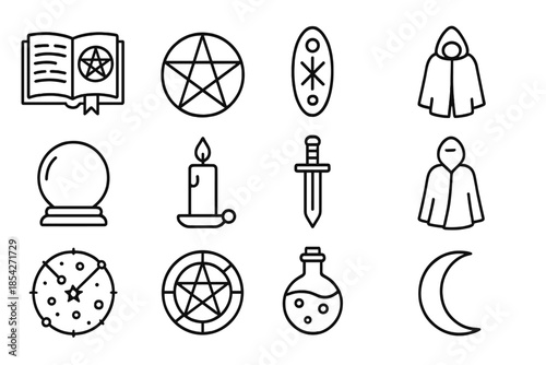 Hermetic Study Icons. Line style icons of Hermetic Study: Secret Manuscript, Occult Sign, Arcane Glyph, Esoteric Diagram; Crystal