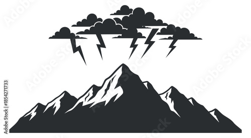 A stylized mountain range with clouds and lightning in black and white vector illustration, suitable for outdoor adventure themes