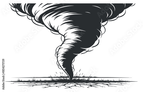 A tornado swirling down to the ground in black and white outline vector style, ideal for weather-related graphics