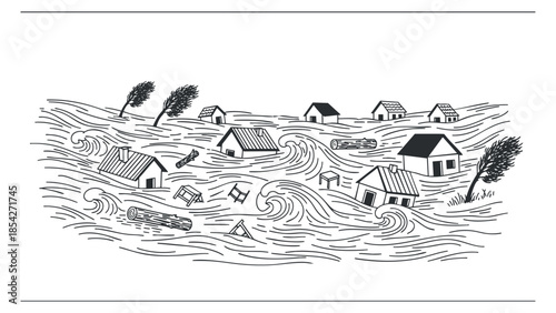 A line art illustration of a flooded landscape with houses and debris, in black and white vector style, ideal for environmental awareness campaigns