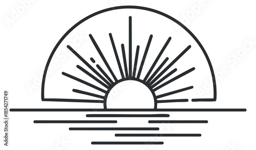 A minimalist line art illustration of a sun rising over the horizon with rays extending outward in geometric style, suitable for modern design projects