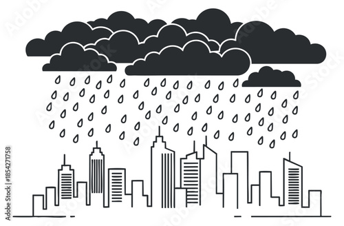 A rainy city skyline with clouds and raindrops in black and white minimalist vector style, suitable for weather-related designs