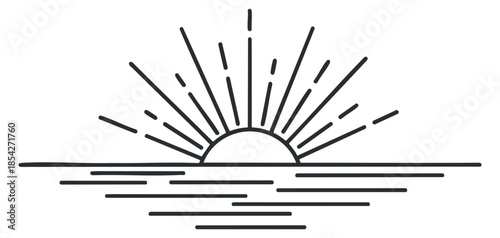 A minimalist outline illustration of a rising sun with rays over gentle waves in a clean vector style, perfect for nature-themed designs