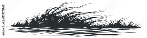 A stylized wave crashing in black and white vector illustration, perfect for ocean-themed designs and artwork