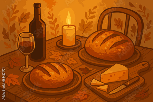 Cozy Autumn Feast. Cozy autumn dinner table with freshly baked bread, cheese, and wine, warm natural vector illustration lighting,