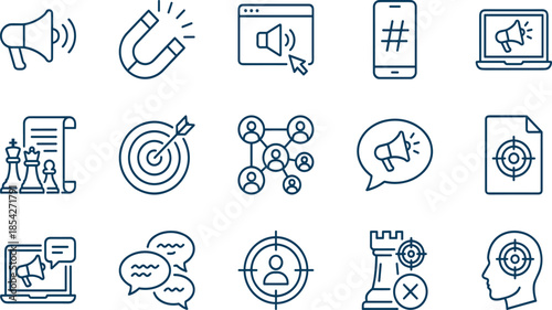 Collection of marketing strategy and business promotion line icons, featuring target, megaphone, social media, and chess pieces, vector graphics set.