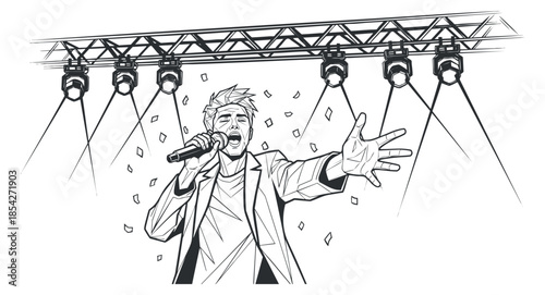 A singer performing on stage with microphone and spotlight in black and white outline vector style, ideal for music event promotions